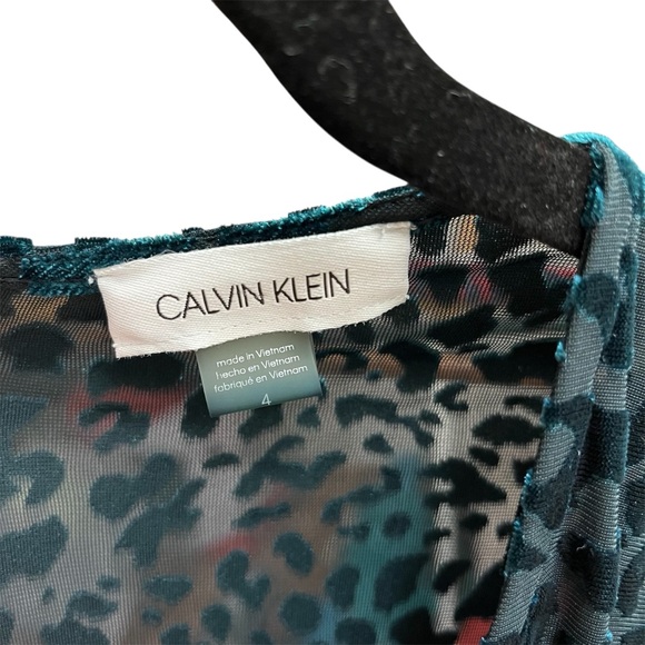 Calvin Klein Dress Size 4 Velvet Emerald Green Animal Print Ruffle Bow Holiday - Picture 7 of 7